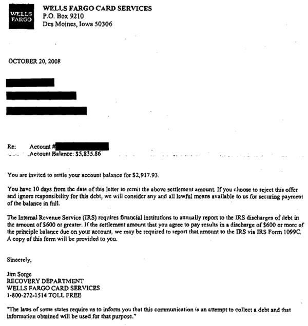 debt settlement letter Wells Fargo