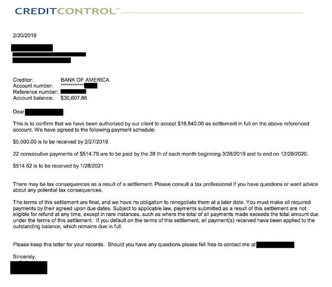 debt settlement letter example